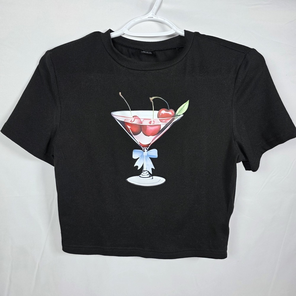 SHEIN Women's Cherry Martini Graphic Crop Top M Black Y2K Baby Tee Cocktail Cool